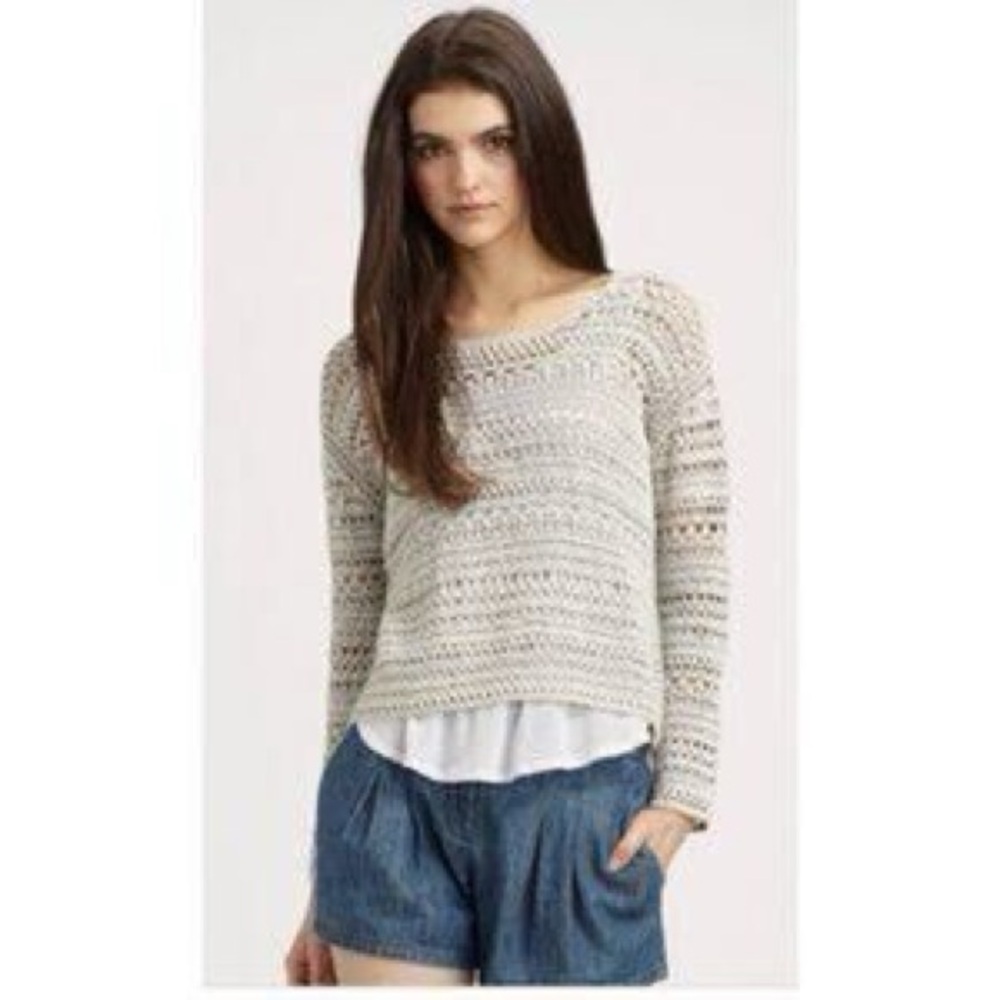 Coastal Prep Euro Summer Quiet Luxury Openwork Boho Knit Sweater Beige Large